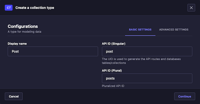 Strapi content builder for a “Post” collection