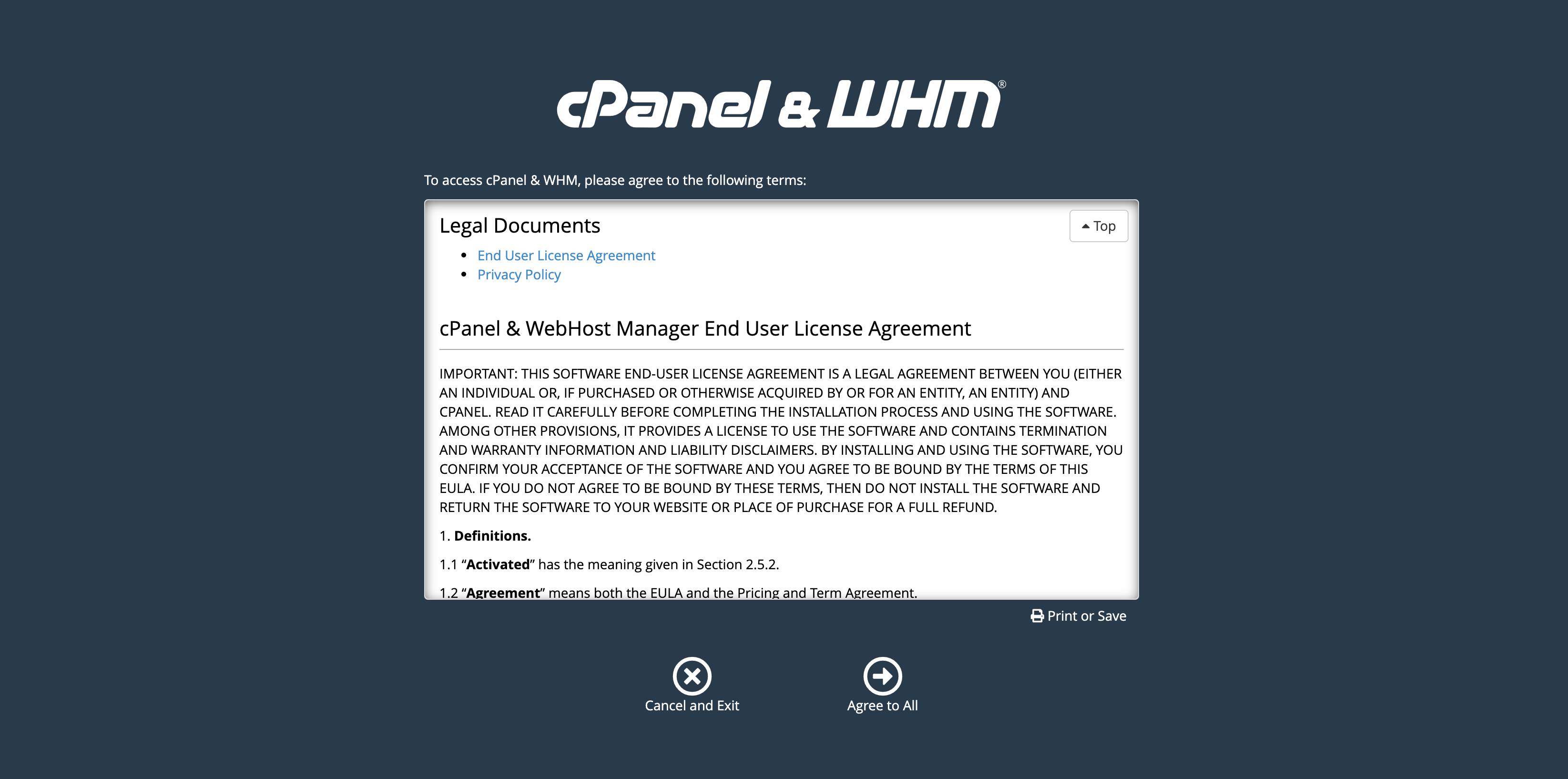 Agree to cPanel and WHM’s terms