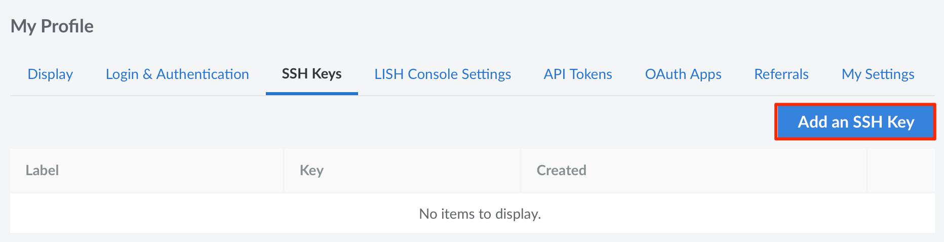 The SSH Keys tab with the ‘Add an SSH Key’ button highlighted.